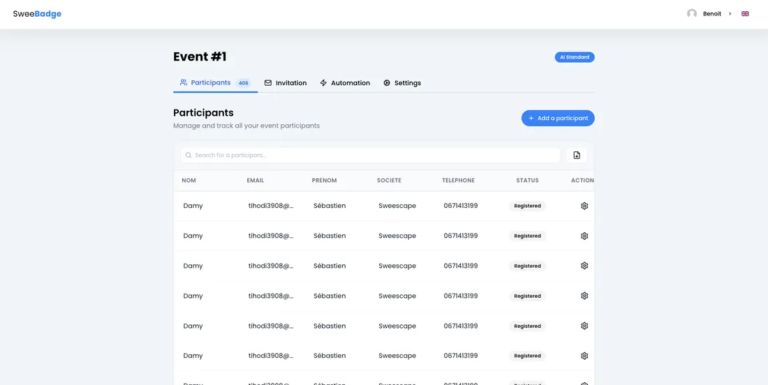 Interface de gestion des participants SweeScape — tableau de bord billetterie sans commission