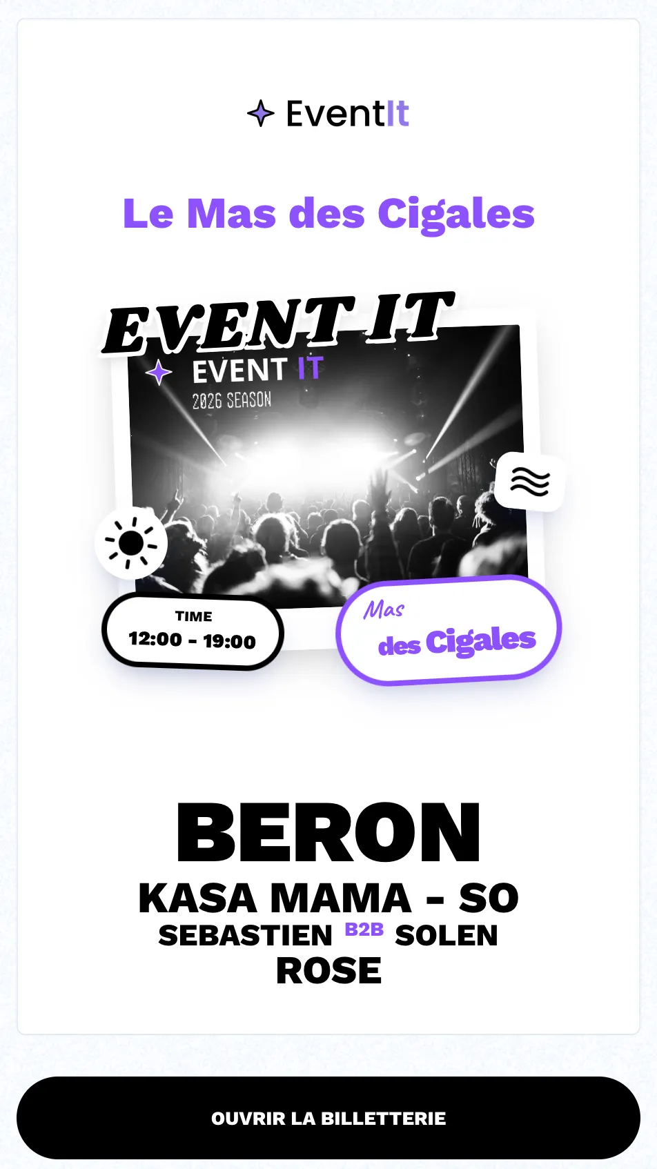 Page de billetterie en marque blanche sur mobile, aux couleurs de l'organisateur, avec le line-up de la soirée